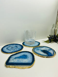 Set of 4 Blue polished Agate Slice drink coasters with gold Electroplating around the edges