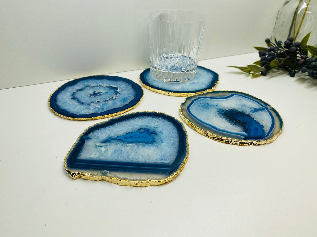 Set of 4 Blue polished Agate Slice drink coasters with gold Electroplating around the edges