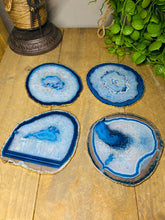 Load image into Gallery viewer, Set of 4 Blue polished Agate Slice drink coasters with gold Electroplating around the edges