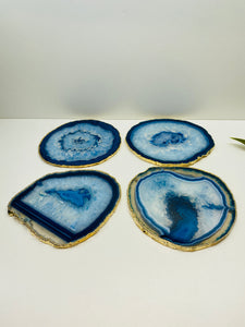 Set of 4 Blue polished Agate Slice drink coasters with gold Electroplating around the edges