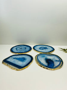 Set of 4 Blue polished Agate Slice drink coasters with gold Electroplating around the edges