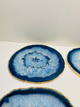 Load image into Gallery viewer, Set of 4 Blue polished Agate Slice drink coasters with gold Electroplating around the edges