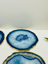 Load image into Gallery viewer, Set of 4 Blue polished Agate Slice drink coasters with gold Electroplating around the edges