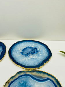 Set of 4 Blue polished Agate Slice drink coasters with gold Electroplating around the edges