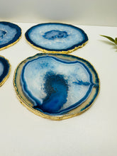 Load image into Gallery viewer, Set of 4 Blue polished Agate Slice drink coasters with gold Electroplating around the edges