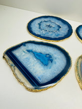 Load image into Gallery viewer, Set of 4 Blue polished Agate Slice drink coasters with gold Electroplating around the edges