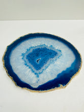 Load image into Gallery viewer, Set of 4 Blue polished Agate Slice drink coasters with gold Electroplating around the edges