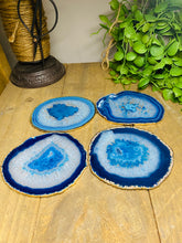 Load image into Gallery viewer, Set of 4 Blue polished Agate Slice drink coasters with gold Electroplating around the edges