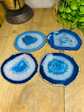 Load image into Gallery viewer, Set of 4 Blue polished Agate Slice drink coasters with gold Electroplating around the edges