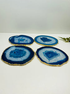 Set of 4 Blue polished Agate Slice drink coasters with gold Electroplating around the edges