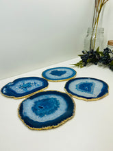 Load image into Gallery viewer, Set of 4 Blue polished Agate Slice drink coasters with gold Electroplating around the edges