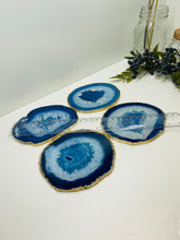 Load image into Gallery viewer, Set of 4 Blue polished Agate Slice drink coasters with gold Electroplating around the edges