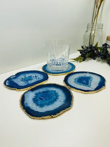 Set of 4 Blue polished Agate Slice drink coasters with gold Electroplating around the edges