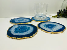 Load image into Gallery viewer, Set of 4 Blue polished Agate Slice drink coasters with gold Electroplating around the edges