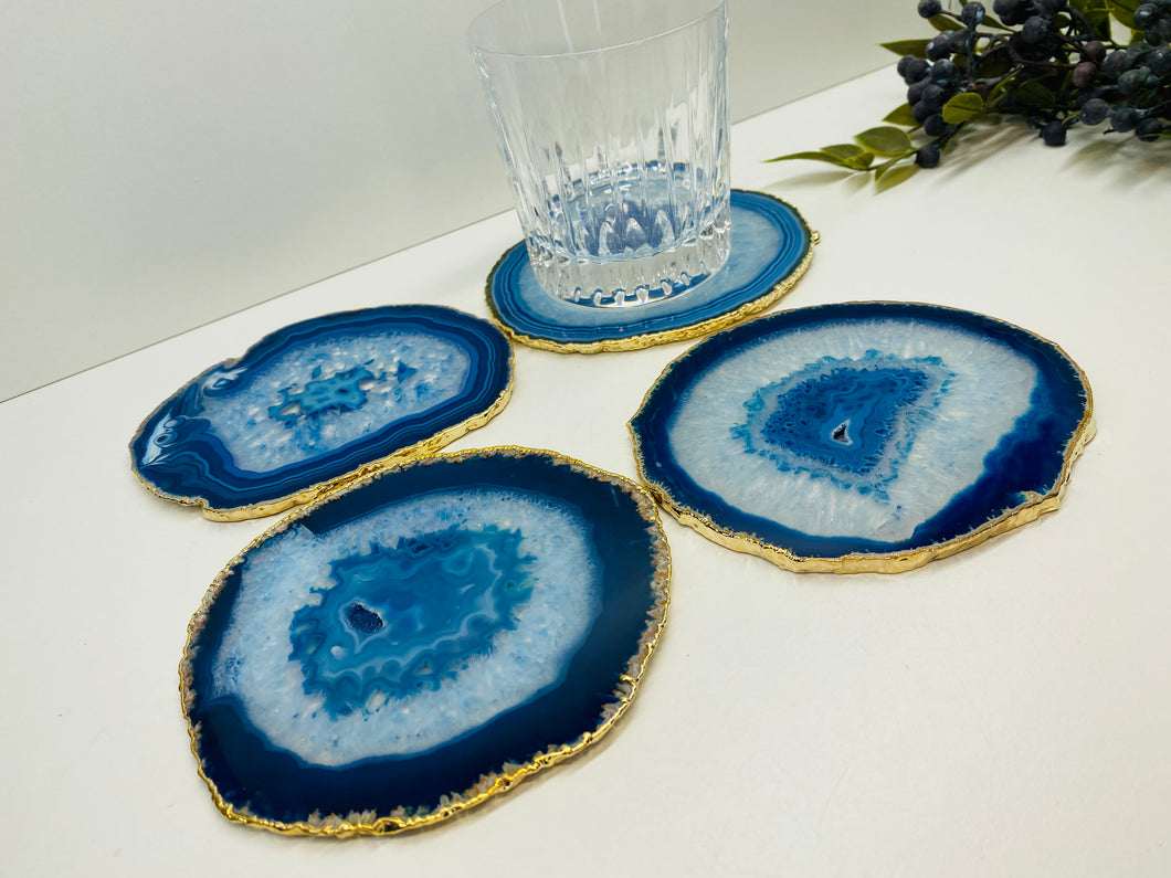 Set of 4 Blue polished Agate Slice drink coasters with gold Electroplating around the edges