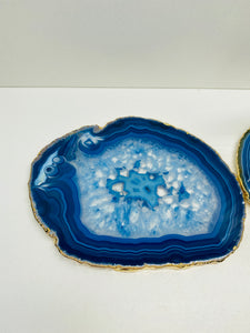 Set of 4 Blue polished Agate Slice drink coasters with gold Electroplating around the edges