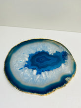 Load image into Gallery viewer, Set of 4 Blue polished Agate Slice drink coasters with gold Electroplating around the edges