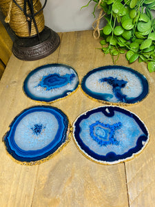 Set of 4 Blue polished Agate Slice drink coasters with gold Electroplating around the edges