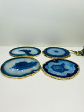 Load image into Gallery viewer, Set of 4 Blue polished Agate Slice drink coasters with gold Electroplating around the edges