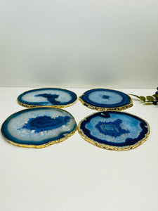 Set of 4 Blue polished Agate Slice drink coasters with gold Electroplating around the edges