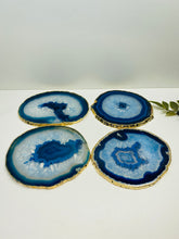 Load image into Gallery viewer, Set of 4 Blue polished Agate Slice drink coasters with gold Electroplating around the edges