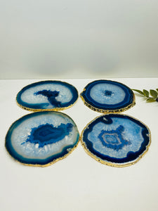 Set of 4 Blue polished Agate Slice drink coasters with gold Electroplating around the edges