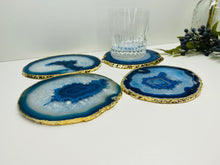 Load image into Gallery viewer, Set of 4 Blue polished Agate Slice drink coasters with gold Electroplating around the edges