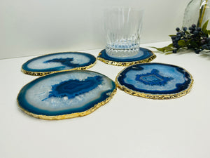 Set of 4 Blue polished Agate Slice drink coasters with gold Electroplating around the edges