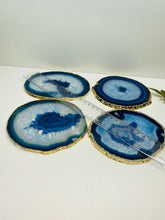 Load image into Gallery viewer, Set of 4 Blue polished Agate Slice drink coasters with gold Electroplating around the edges