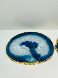 Set of 4 Blue polished Agate Slice drink coasters with gold Electroplating around the edges