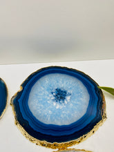 Load image into Gallery viewer, Set of 4 Blue polished Agate Slice drink coasters with gold Electroplating around the edges