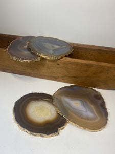 Set of 4 Natural polished Agate Slice drink coasters with Gold Electroplating around the edges
