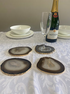 Set of 4 Natural polished Agate Slice drink coasters with Gold Electroplating around the edges 02