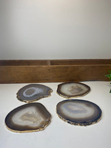 Set of 4 Natural polished Agate Slice drink coasters with Gold Electroplating around the edges 02