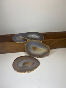 Set of 4 Natural polished Agate Slice drink coasters with Gold Electroplating around the edges 03