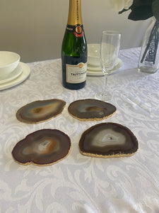 Set of 4 Natural polished Agate Slice drink coasters with Gold Electroplating around the edges 03