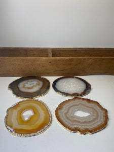 Set of 4 Natural polished Agate Slice drink coasters with Gold Electroplating around the edges 04