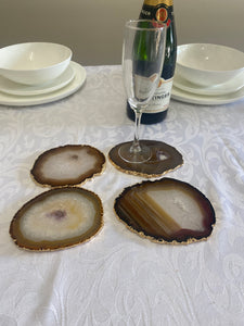 Set of 4 Natural polished Agate Slice drink coasters with Gold Electroplating around the edges 06