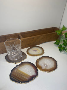 Set of 4 Natural polished Agate Slice drink coasters with Gold Electroplating around the edges 06