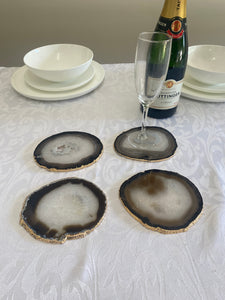 Set of 4 Natural polished Agate Slice drink coasters with Gold Electroplating around the edges 07