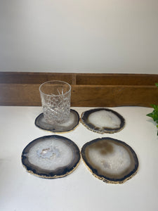 Set of 4 Natural polished Agate Slice drink coasters with Gold Electroplating around the edges 07