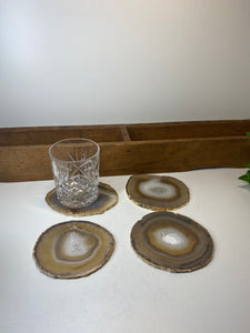 Set of 4 Natural polished Agate Slice drink coasters with Gold Electroplating around the edges 11
