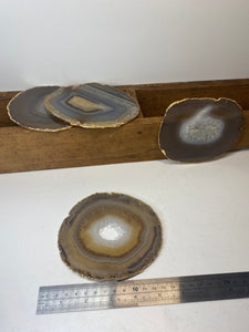 Set of 4 Natural polished Agate Slice drink coasters with Gold Electroplating around the edges 11