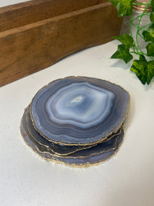 Set of 4 Natural polished Agate Slice drink coasters with Gold Electroplating around the edges 12
