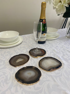 Set of 4 Natural polished Agate Slice drink coasters with Gold Electroplating around the edges 13