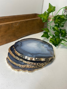 Set of 4 Natural polished Agate Slice drink coasters with Gold Electroplating around the edges 14