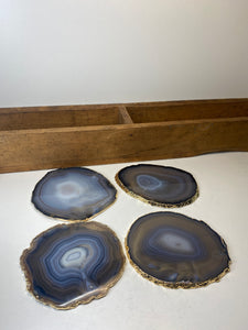 Set of 4 Natural polished Agate Slice drink coasters with Gold Electroplating around the edges 14