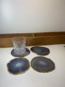 Set of 4 Natural polished Agate Slice drink coasters with Gold Electroplating around the edges 14