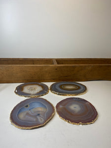 Set of 4 Natural polished Agate Slice drink coasters with Gold Electroplating around the edges 15