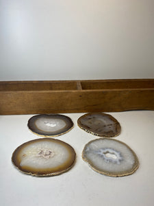 Set of 4 Natural polished Agate Slice drink coasters with Gold Electroplating around the edges 16